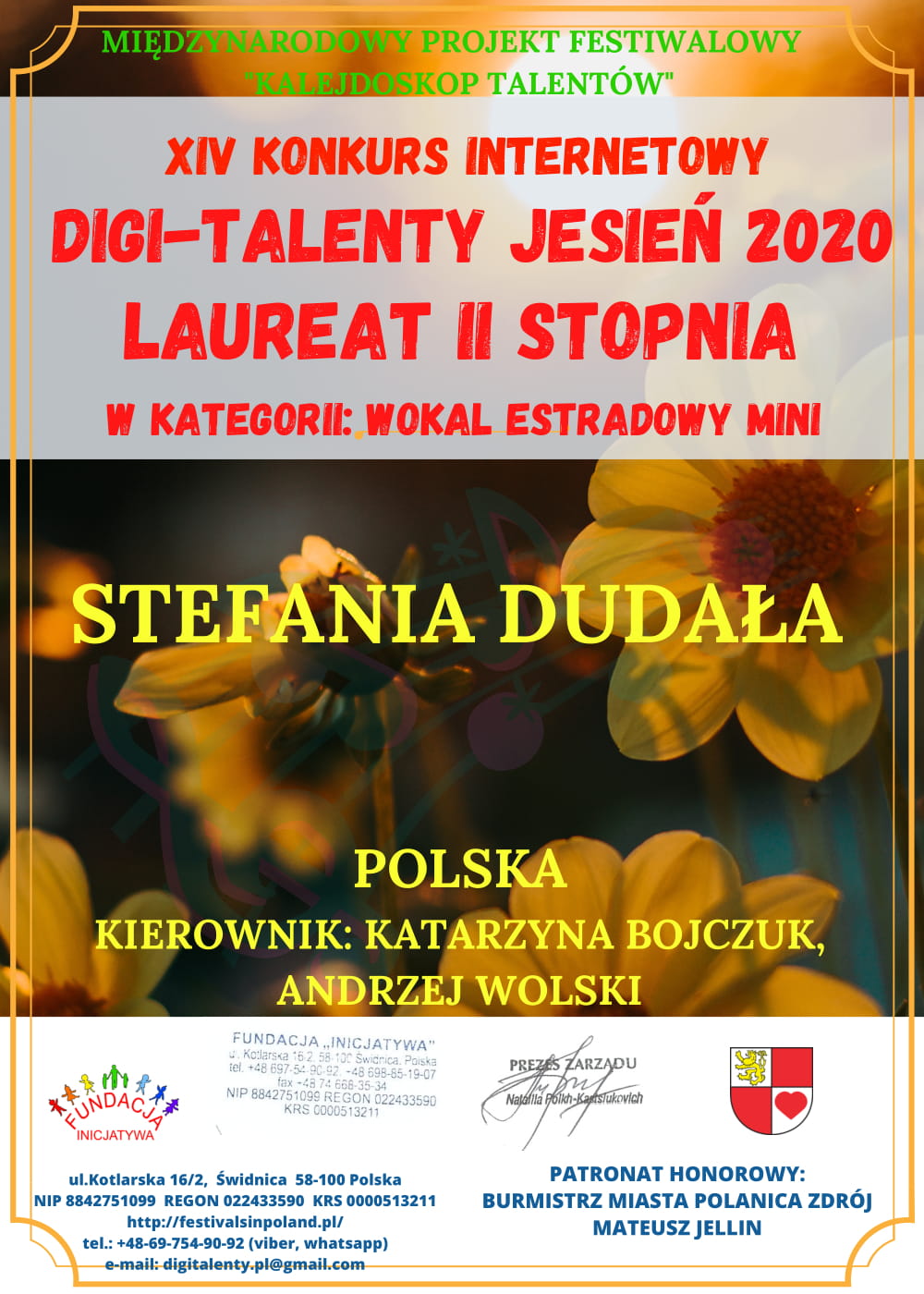Dyplom Stefania Dudała wokal estradowy mini II m 1